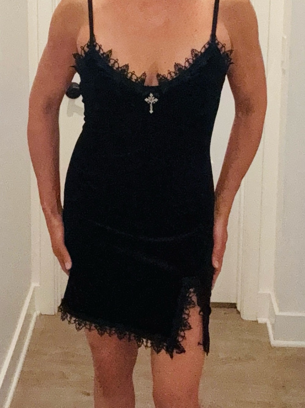 Velvet Black Lace-Trim Slip Dress with Cross Pendant